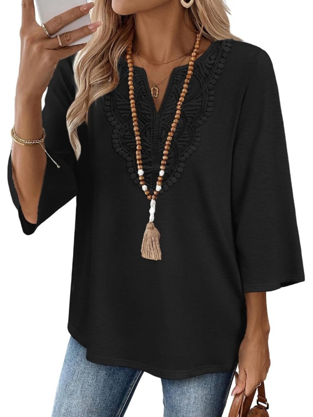 Versatile 3/4 Sleeve Womens Tunic Top - Classy V-Neck Lace Blouse in Black